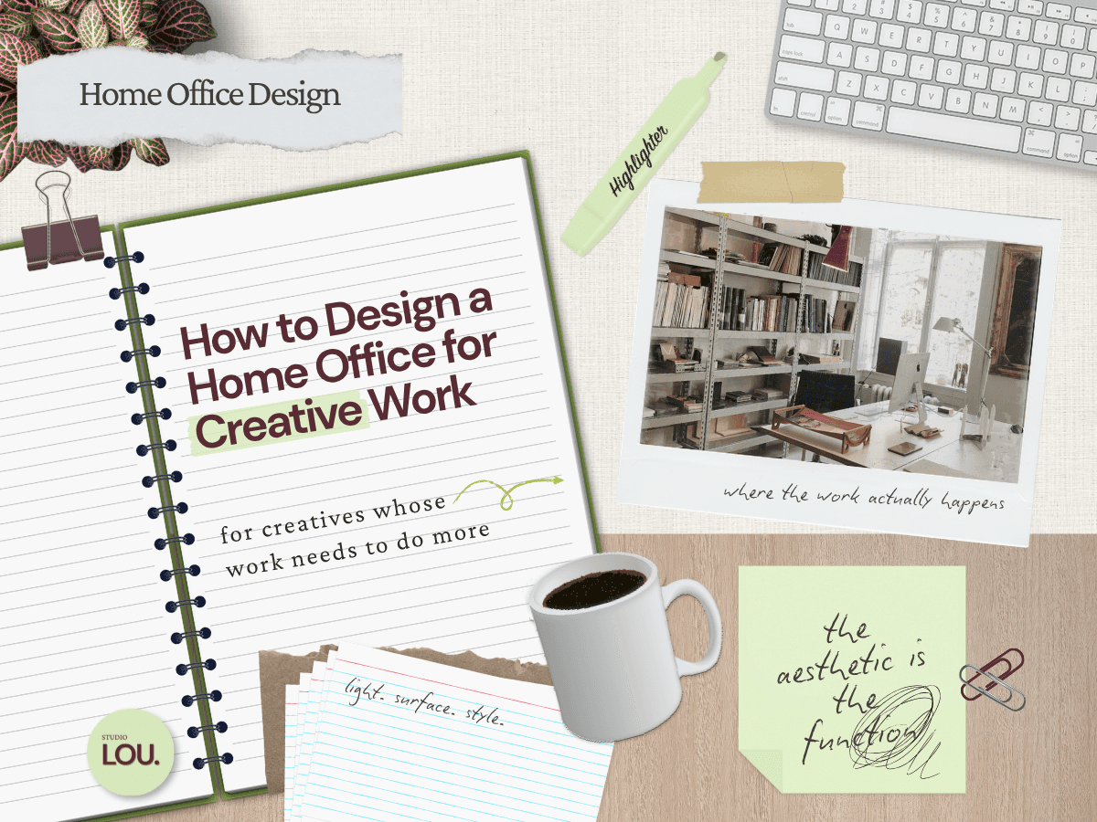 Papercraft-style blog header with a spiral notebook titled How to Design a Home Office for Creative Work, linen background with wood desk surface, polaroid photo of a creative studio with floor-to-ceiling shelving, drafting table, and natural light clipped with a binder clip, coffee mug, sage green sticky note reading "the aesthetic is the function," index cards, highlighter, keyboard, and plant in the corner.