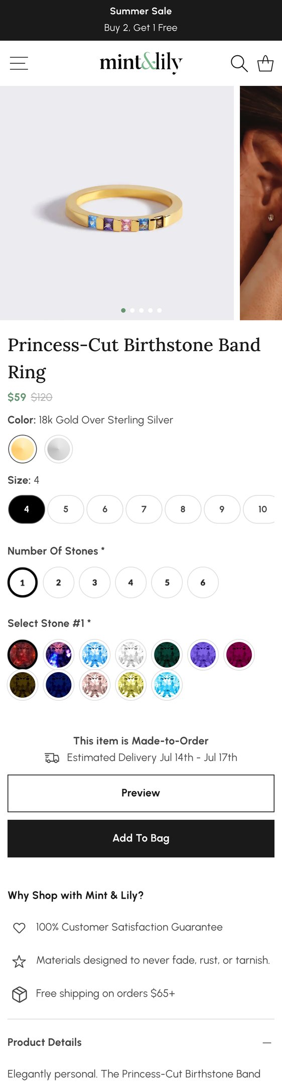 Jewelry product options include: ring, pendant, birthstone for Princess-Cut Birthstone Band Ring from Mint & Lily.