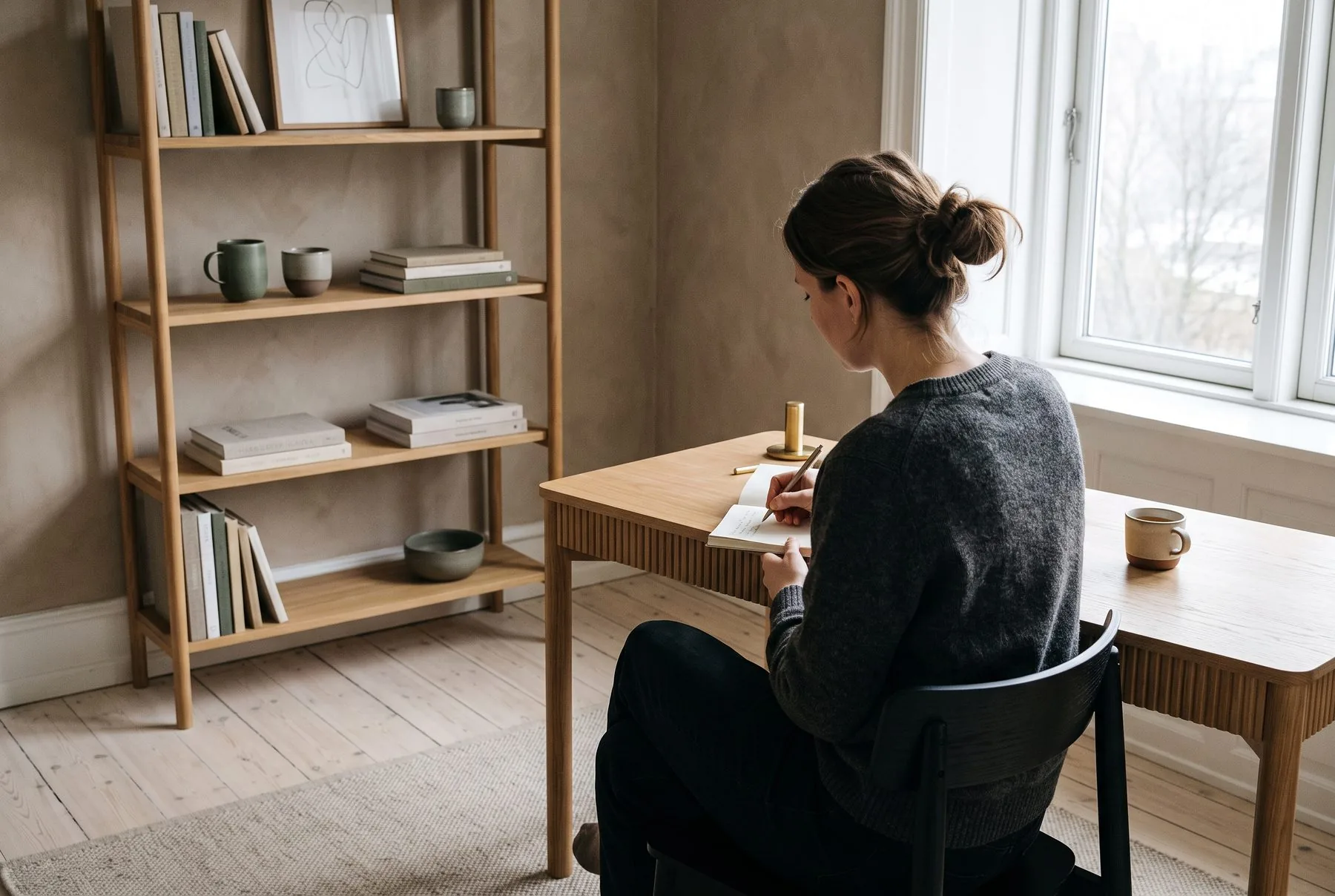 A study with an oak desk, a black ash chair and a wall of shelving.