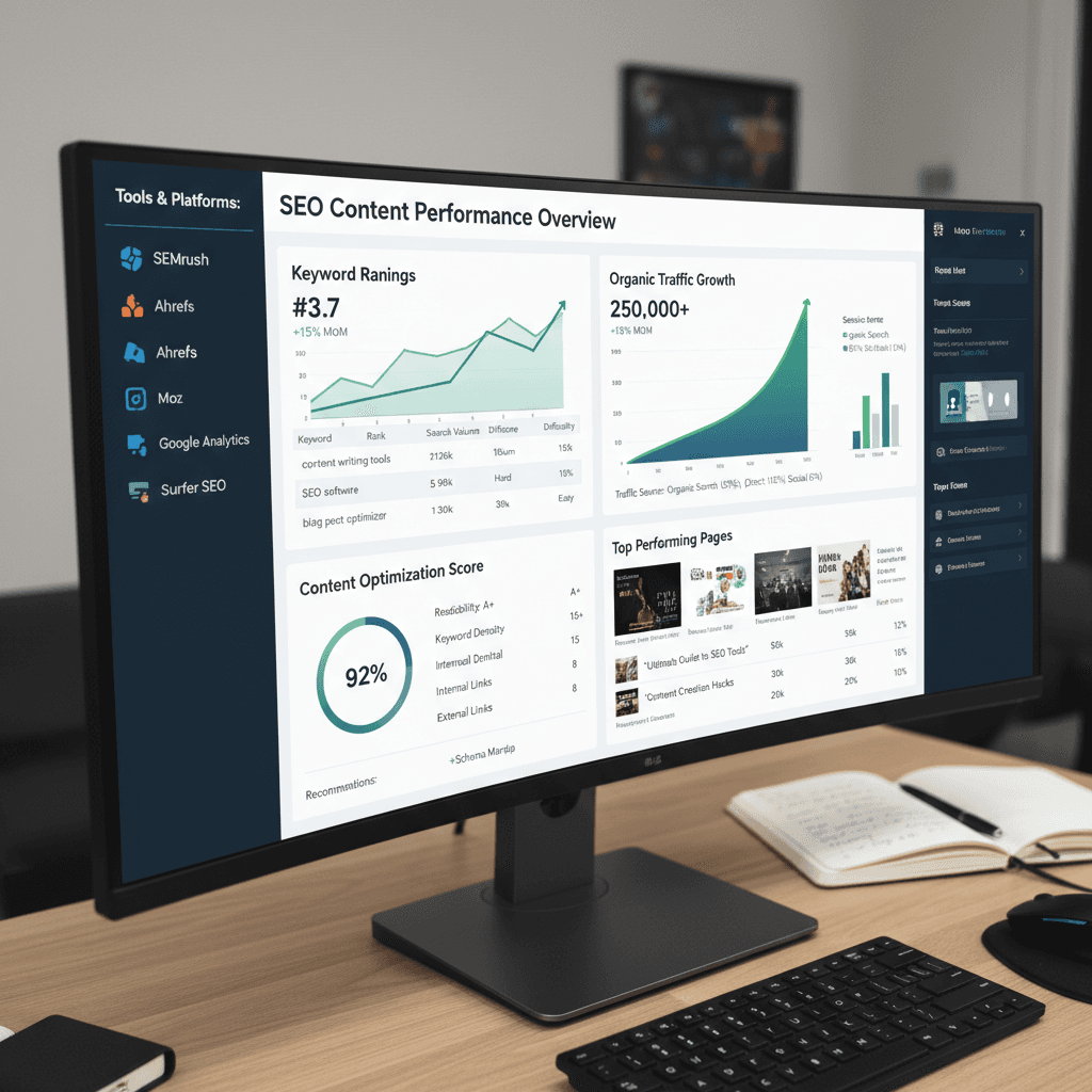 Comprehensive SEO content writing tools analytics showing performance improvements and ranking data
