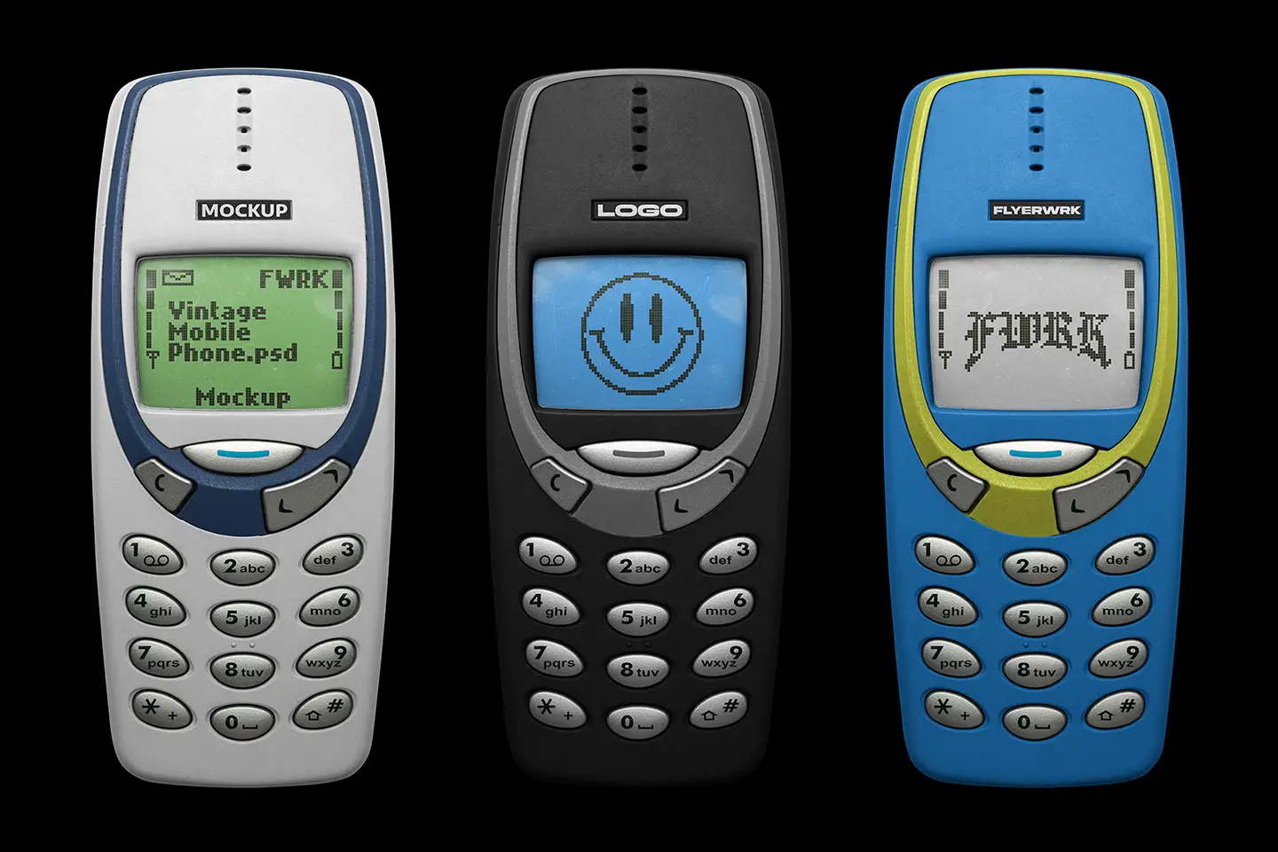 Retro mobile smart device mockup bundle featuring classic Nokia style phone color variations