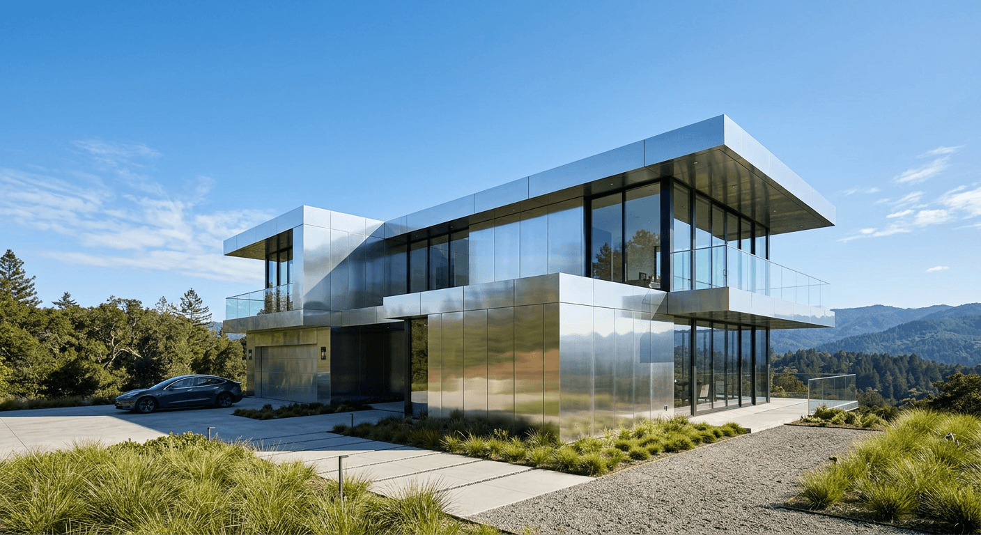 Modern metal-clad house with large glass windows and a scenic mountain view.