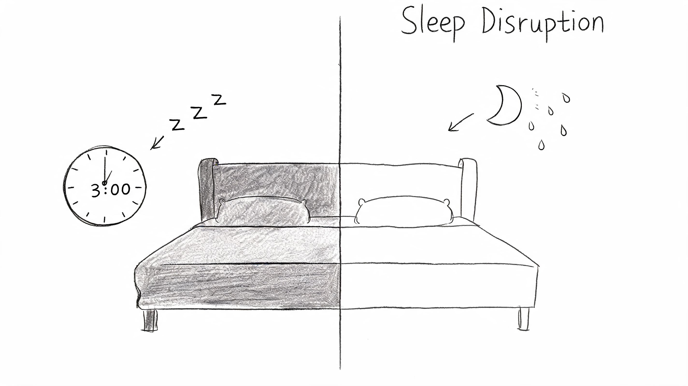 A hand-drawn illustration depicting sleep disruption during the night, showing a clock at 3:00 AM.
