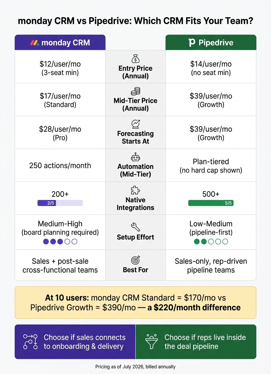 monday CRM vs Pipedrive: Price, Features & Fit Compared
