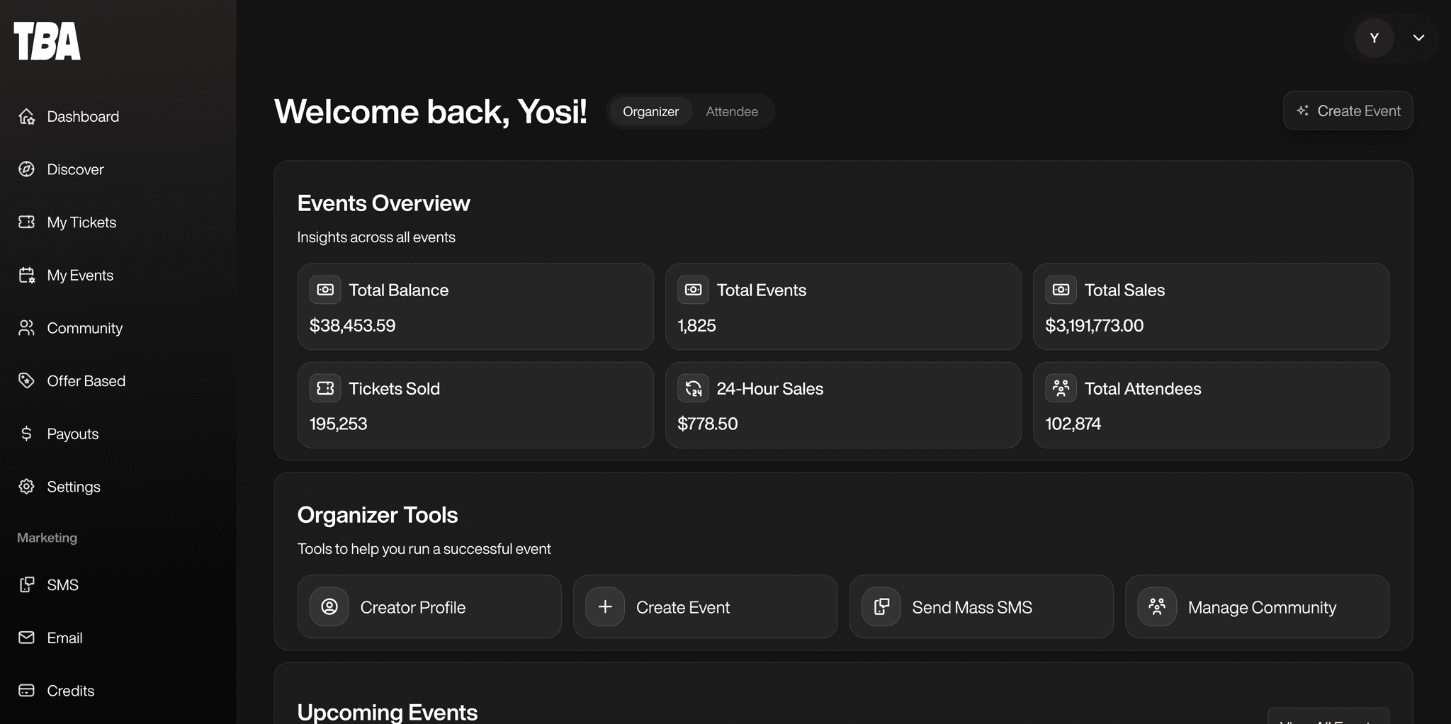 TBA event management interface