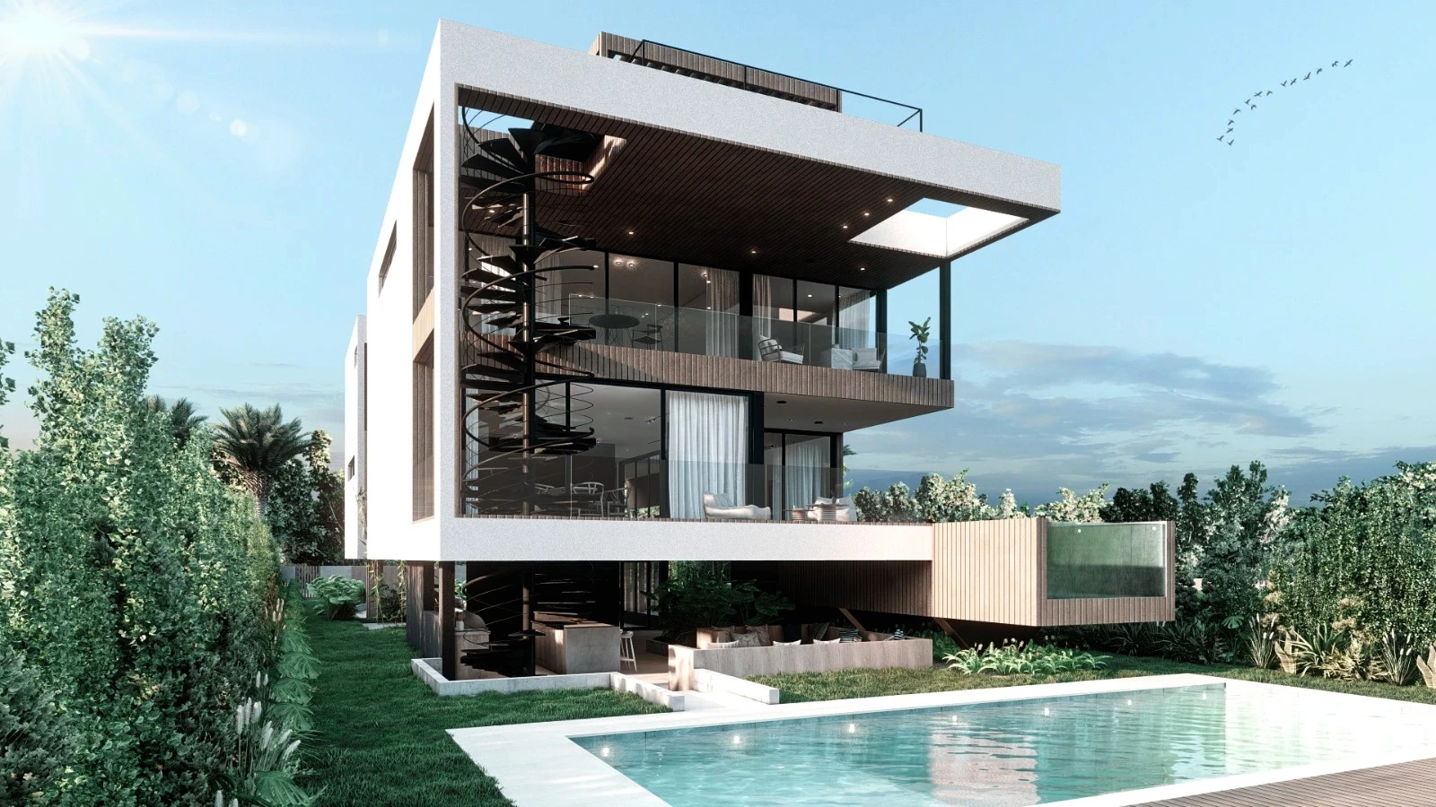 Three-story modern home with spiral staircase, rooftop terrace, and private pool, Miami Beach