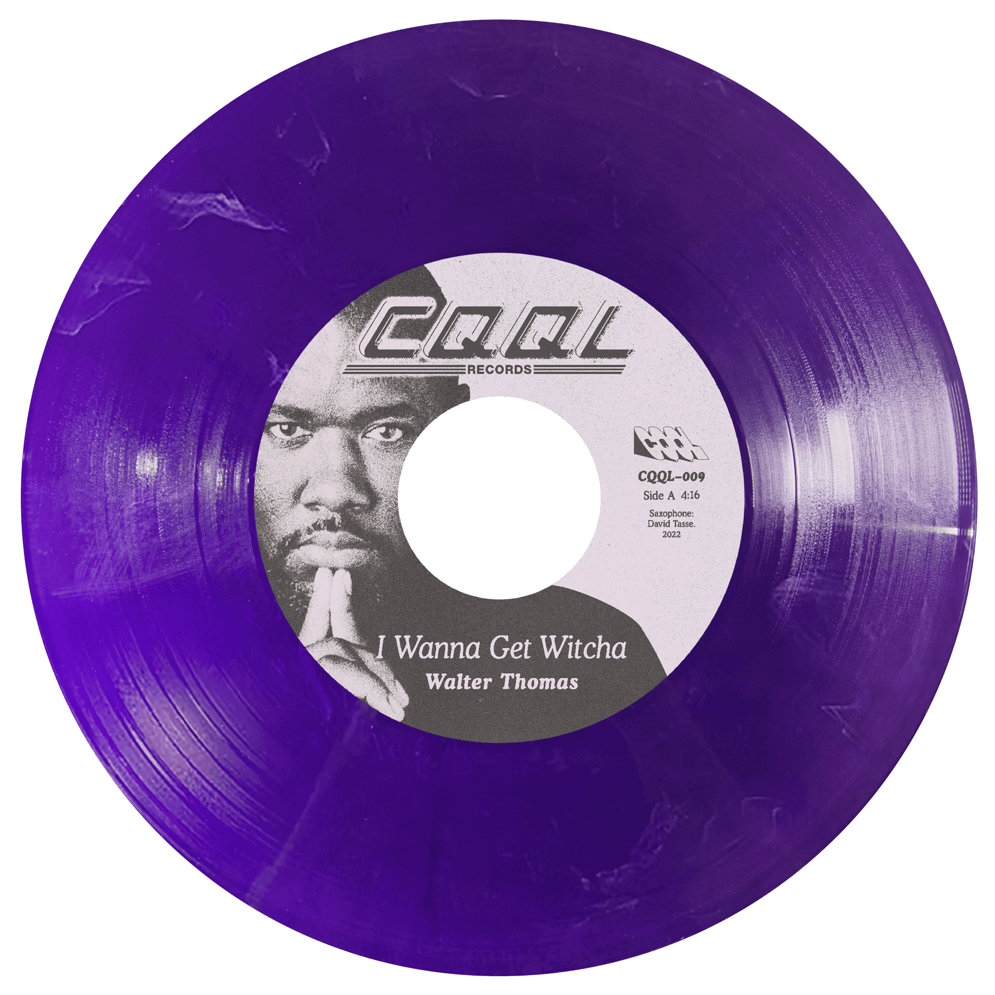 Purple vinyl record with a label featuring a person's face and text.