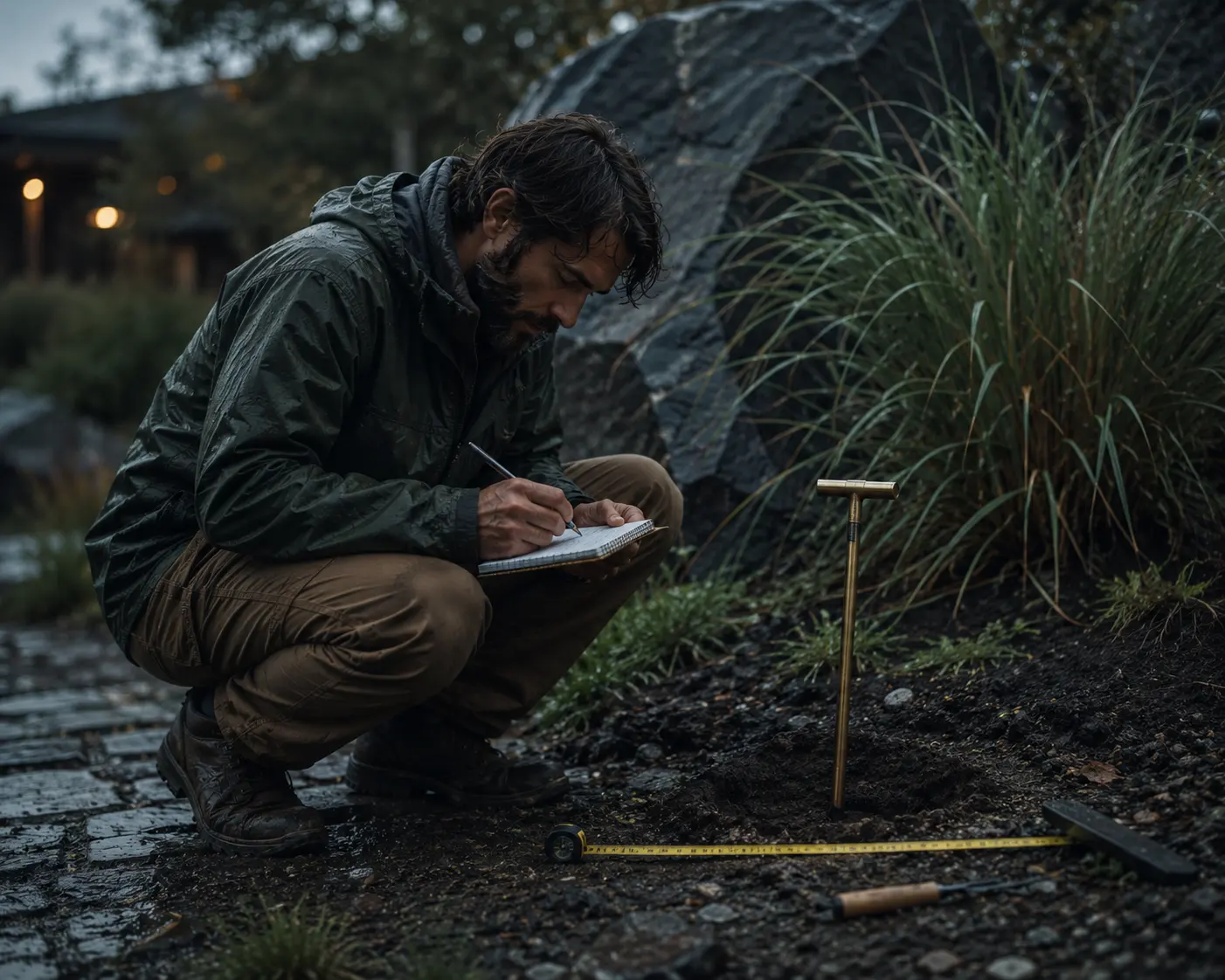 A landscape architect recording soil conditions on site with a brass probe at dusk