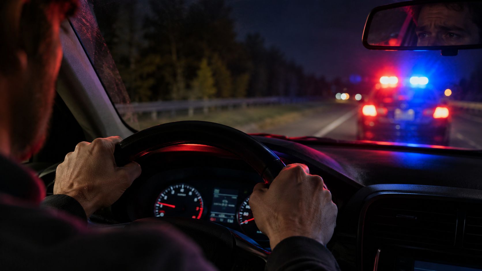 A worried driver behind the steering wheel at night being pulled over by a police car.