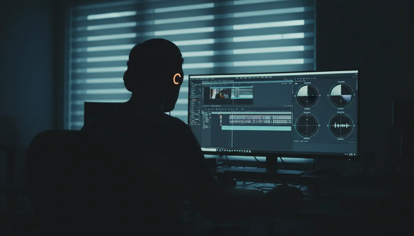 DSLR photography of a video editor seen from behind, silhouetted in a dark room at a desk. Cinematic contrast lighting creates deep shadows and a moody atmosphere with a desaturated, cool color grade. The scene is lit by the glow from a computer monitor displaying the Adobe Premiere Pro interface with color scopes, and by soft light filtering through vertical blinds. The editor is wearing headphones featuring a single, vibrant, glowing orange C-shaped accent on the earcup.