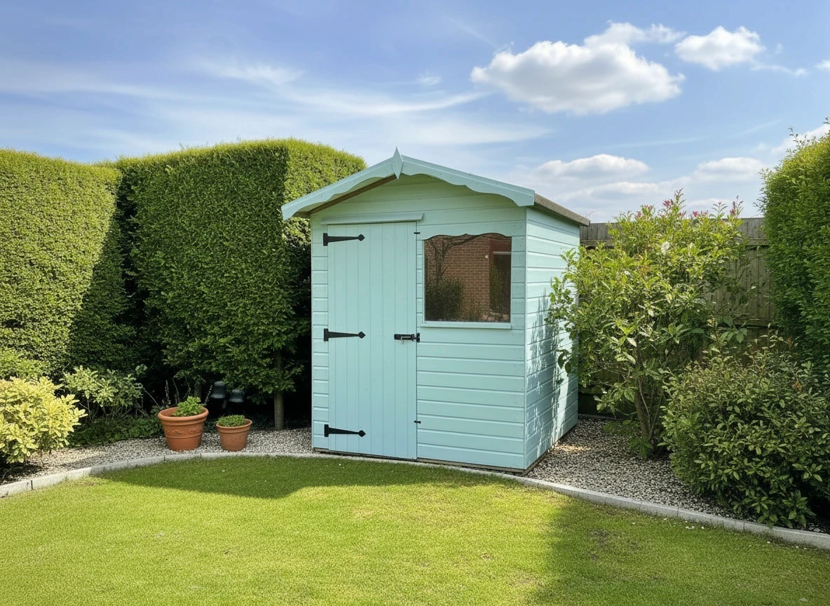 Pale blue painted apex shed