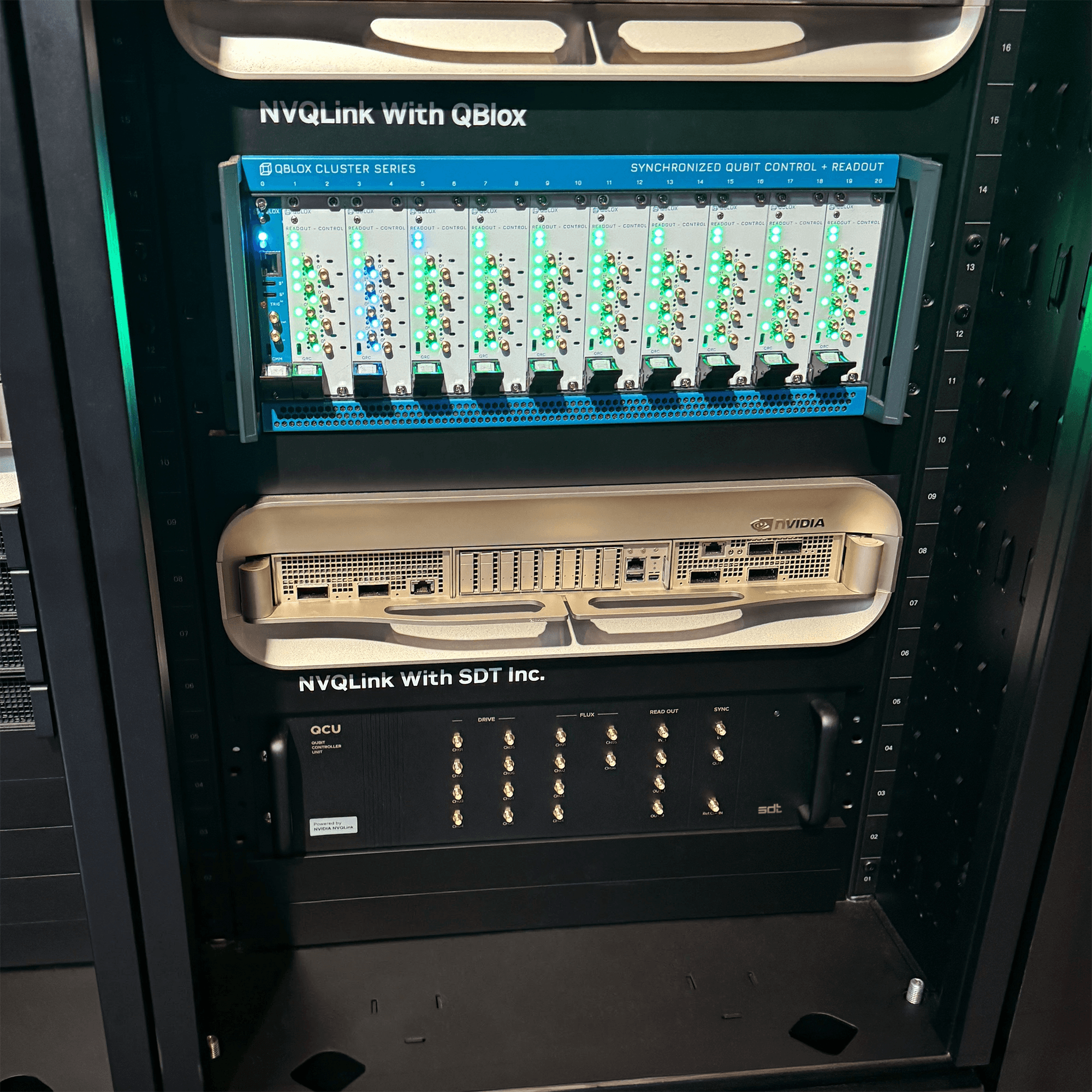 At NVIDIA GTC, Close-up of SDT's QCU qubit control equipment being introduced as an NVQLink system.
