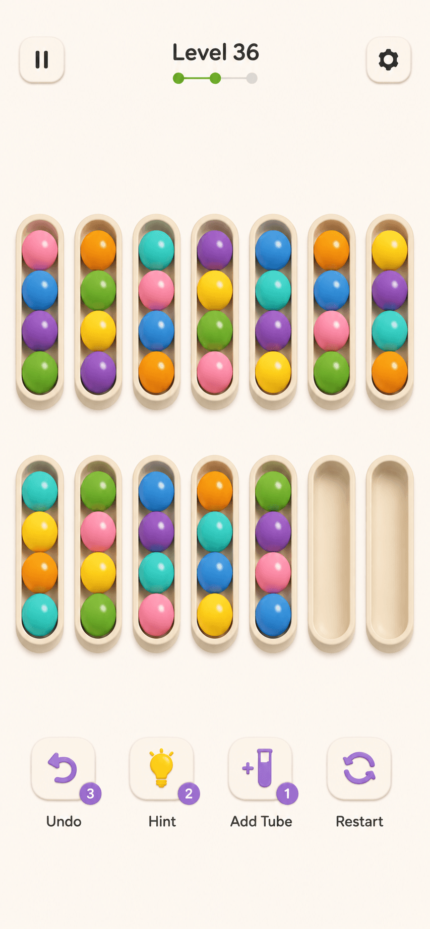 Rollo puzzle screen with undo, hint, add tube, and restart controls