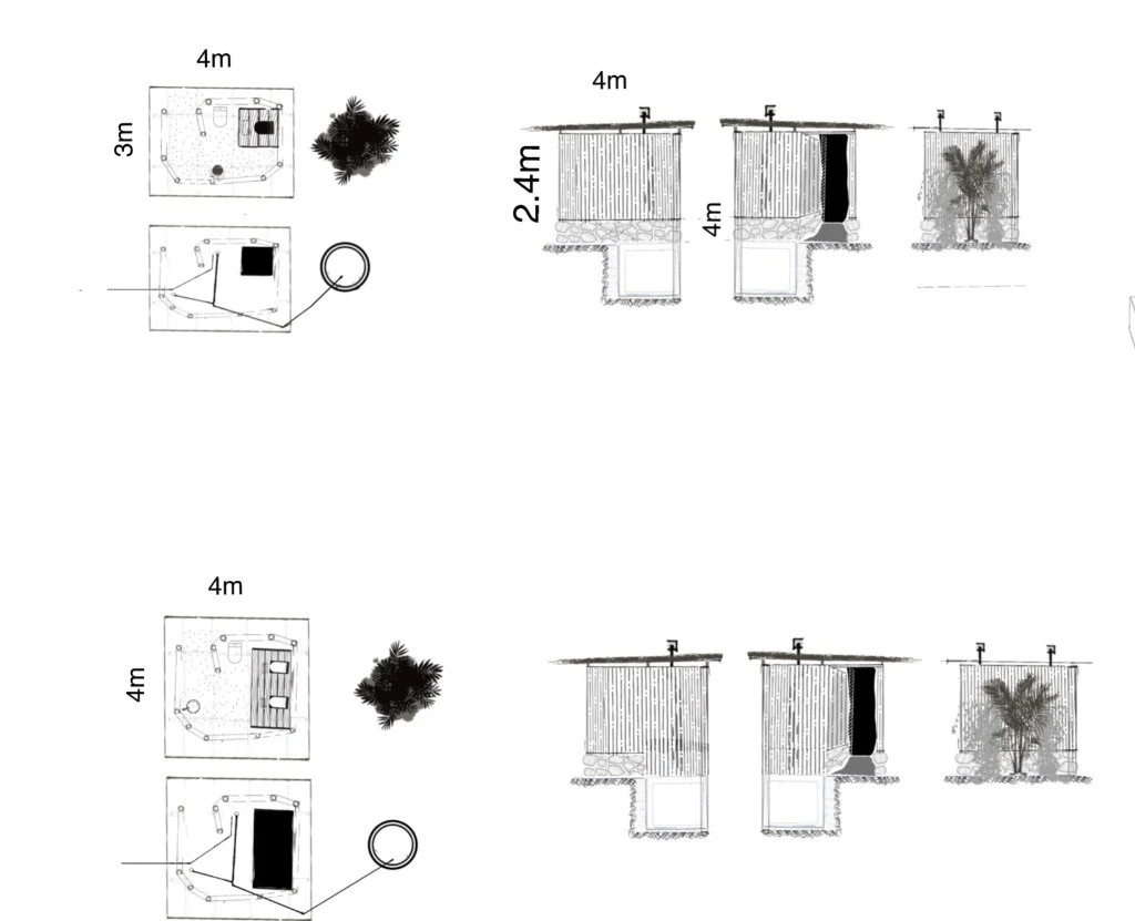 Plans and elevations of two small timber structures