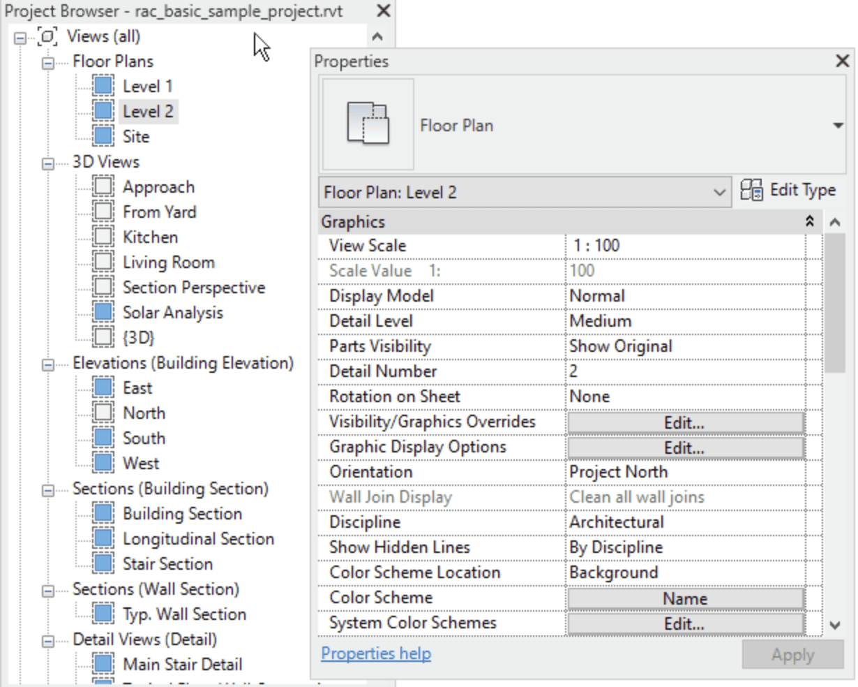 Autodesk Revit interface showing the Project Browser, Properties palette, floor plan views, sheets, and model settings.