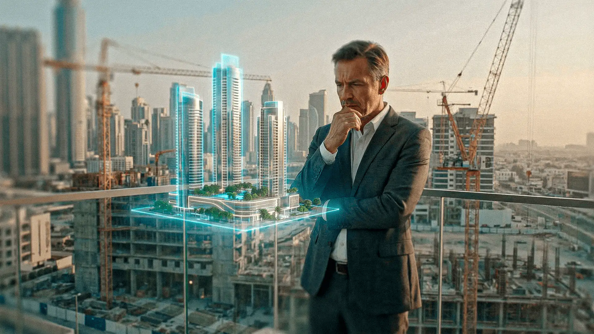 Inversor evaluando un proyecto inmobiliario en Dubái mediante visualización digital con obras en desarrollo al fondo.