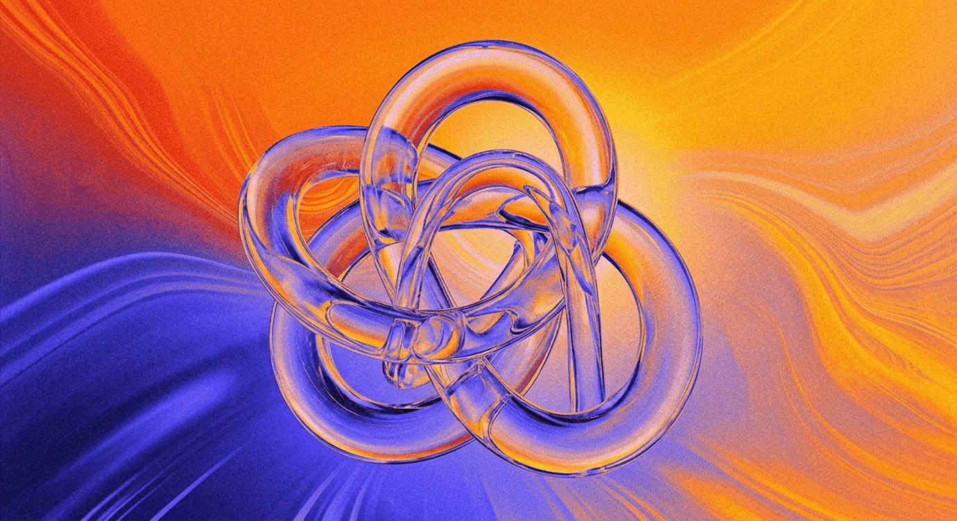 Abstract glassy shape, floating on grainy gradient background, purple, yellow, red, orange shades. Modern image. 