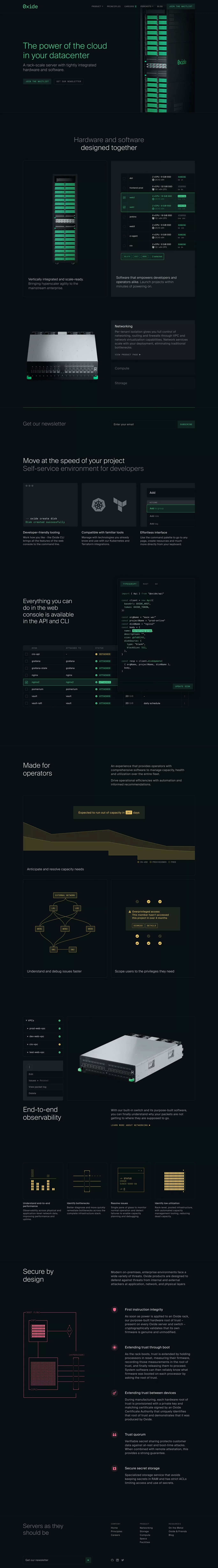 Oxide landing page screenshot showcasing Tech design