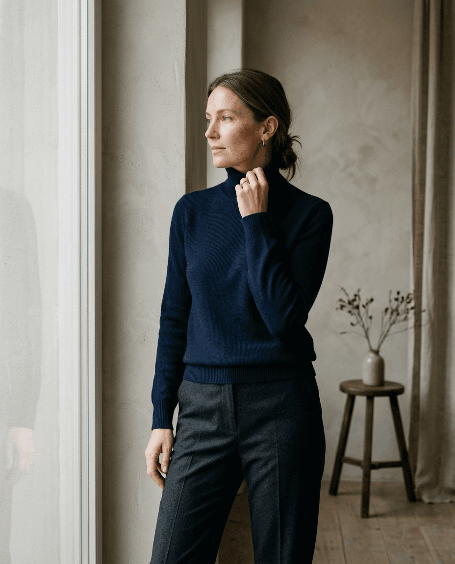 Burgundy Fine Roll-Neck — Deep Navy — editorial