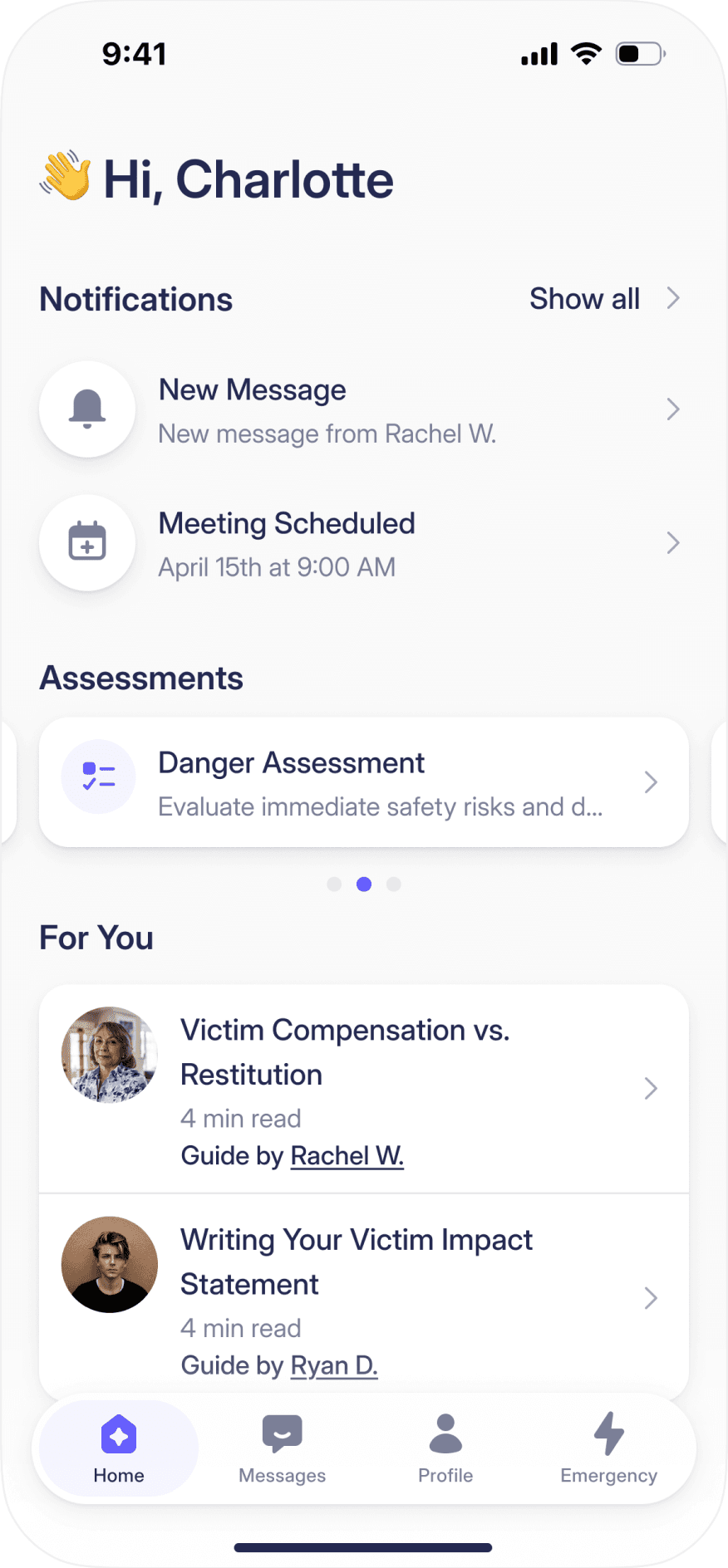The Survivor App home screen with notifications, an assessment, and guides from an advocate, shown with sample data.