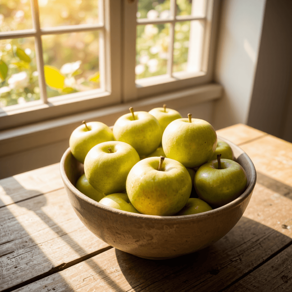 product photography of bowl of green apples
