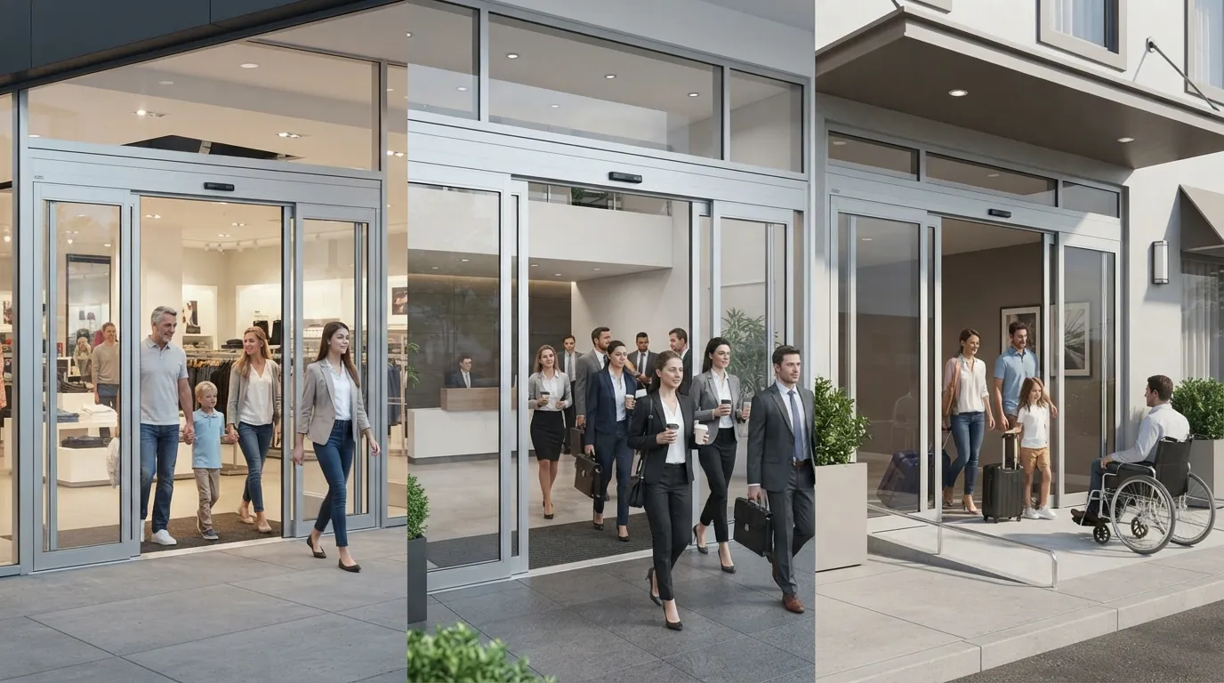Automatic doors used in retail offices and public commercial buildings