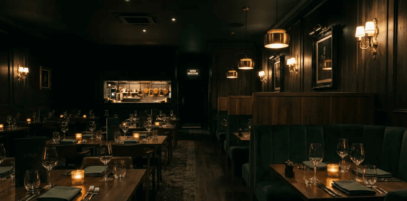 Candlelit dining table set for a reservation at Vesper