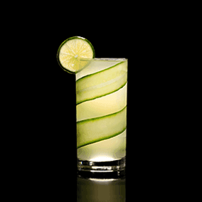 A closeup of a Cucumber Gimlet drink against a dark background.