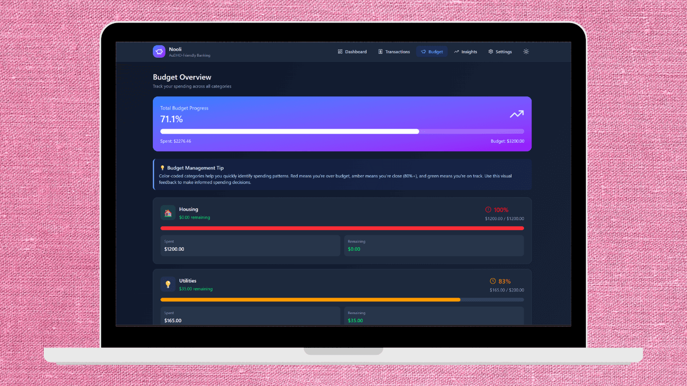 Nooli screenshots showing the budgets page