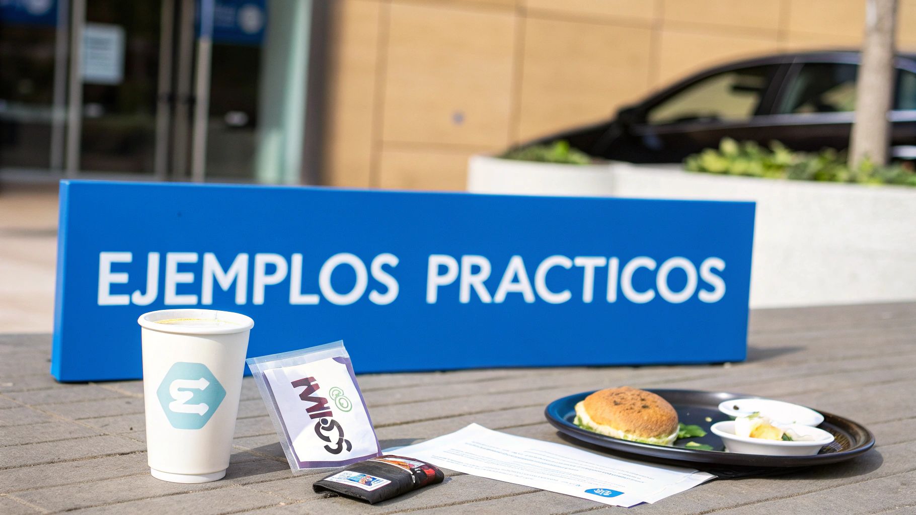 Muestra de ejemplos prácticos con bebida, comida y materiales de eventos sobre una superficie.