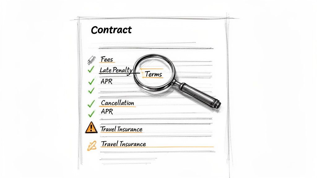 A magnifying glass focuses on 'Terms' within a contract listing fees, penalties, and travel insurance.