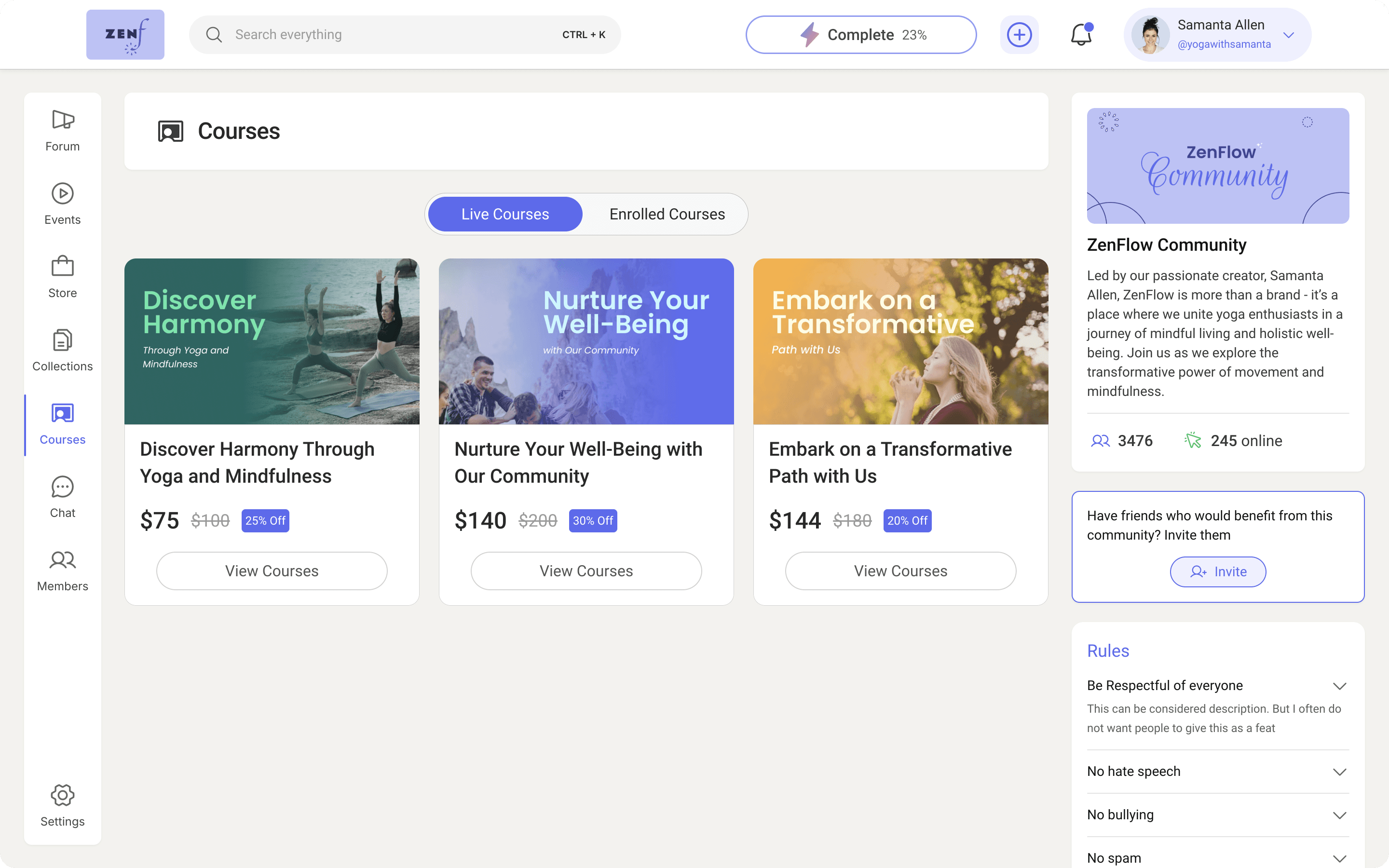 Courses page of a yoga coaching community powered by Wylo, offering structured yoga and wellness programs for learners.