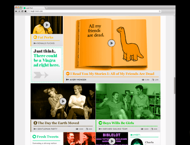 A screenshot of a LinkedIn page displays several posts. At the top, a book cover reads "All my friends are dead," accompanied by a cartoon dinosaur and a play button. Below, a post titled "Just think. There could be a Viagra ad right here." by Avery Monsen is visible. Further down, a post titled "The Day the Earth Moved" by Gentleman Party is featured, with two video thumbnails showing people interacting with the post. Below, another post titled "Boys Wills Be Girls" by Harvard Sailing Team is presented, with two video thumbnails showing people interacting with the post. The page also includes sections for "Fresh Tweets" and "BibleLot," with additional posts visible in the sidebar.