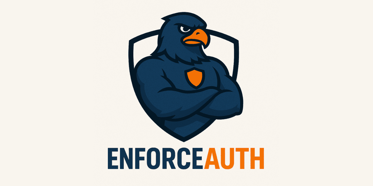 A strong, muscular eagle mascot with a shield, representing EnforceAuth’s AI-native security platform.