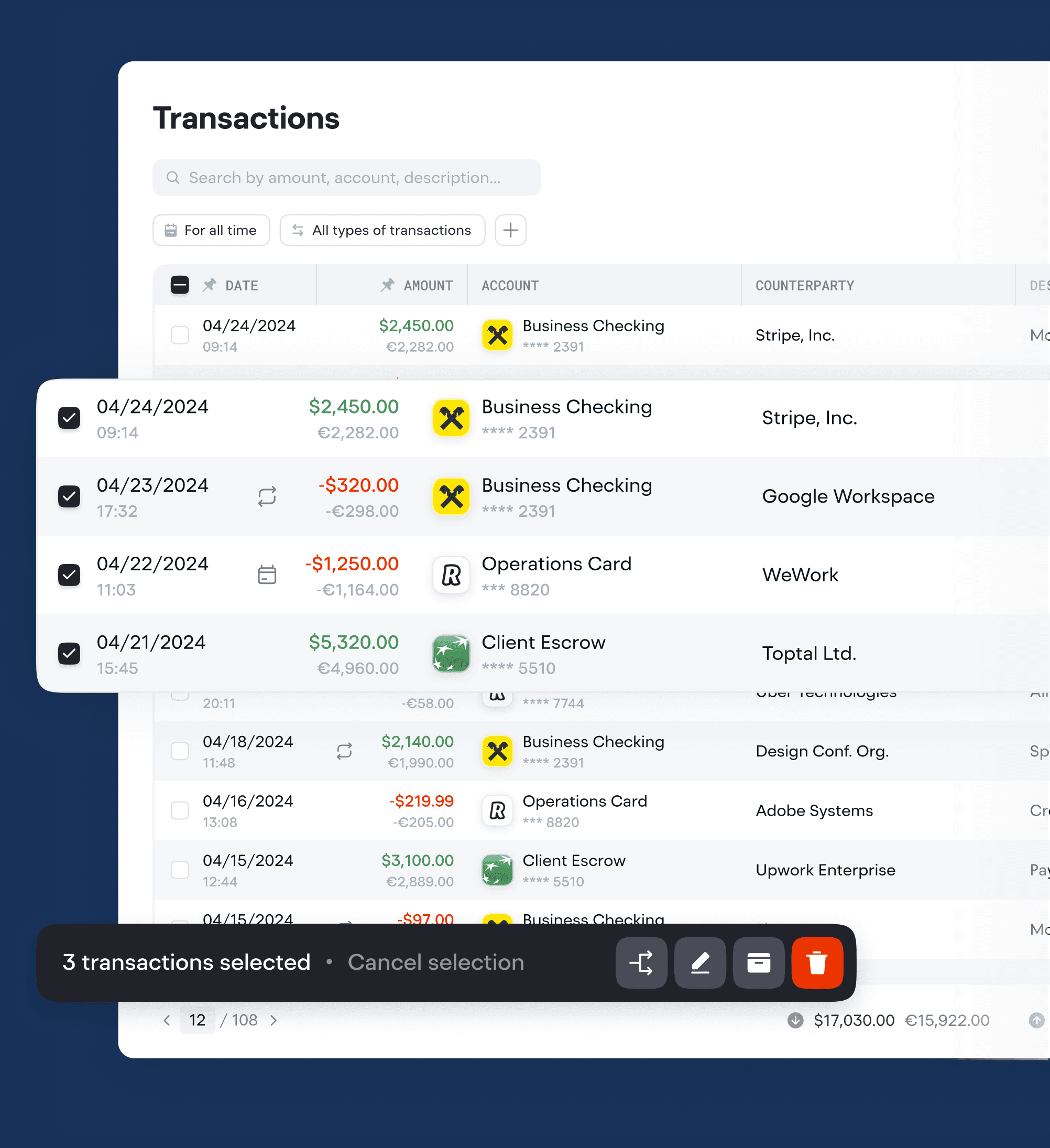 Nomi fintech ERP transaction table with toolbar