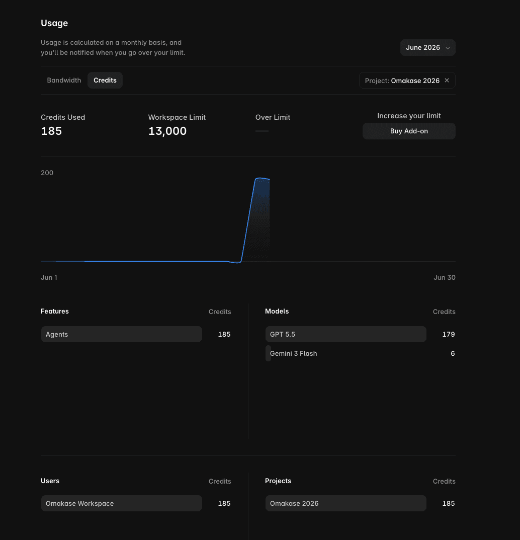 Framer AI Credits usage dashboard for June 2026 showing 185 credits used against a 13,000 workspace limit, broken down by feature and model
