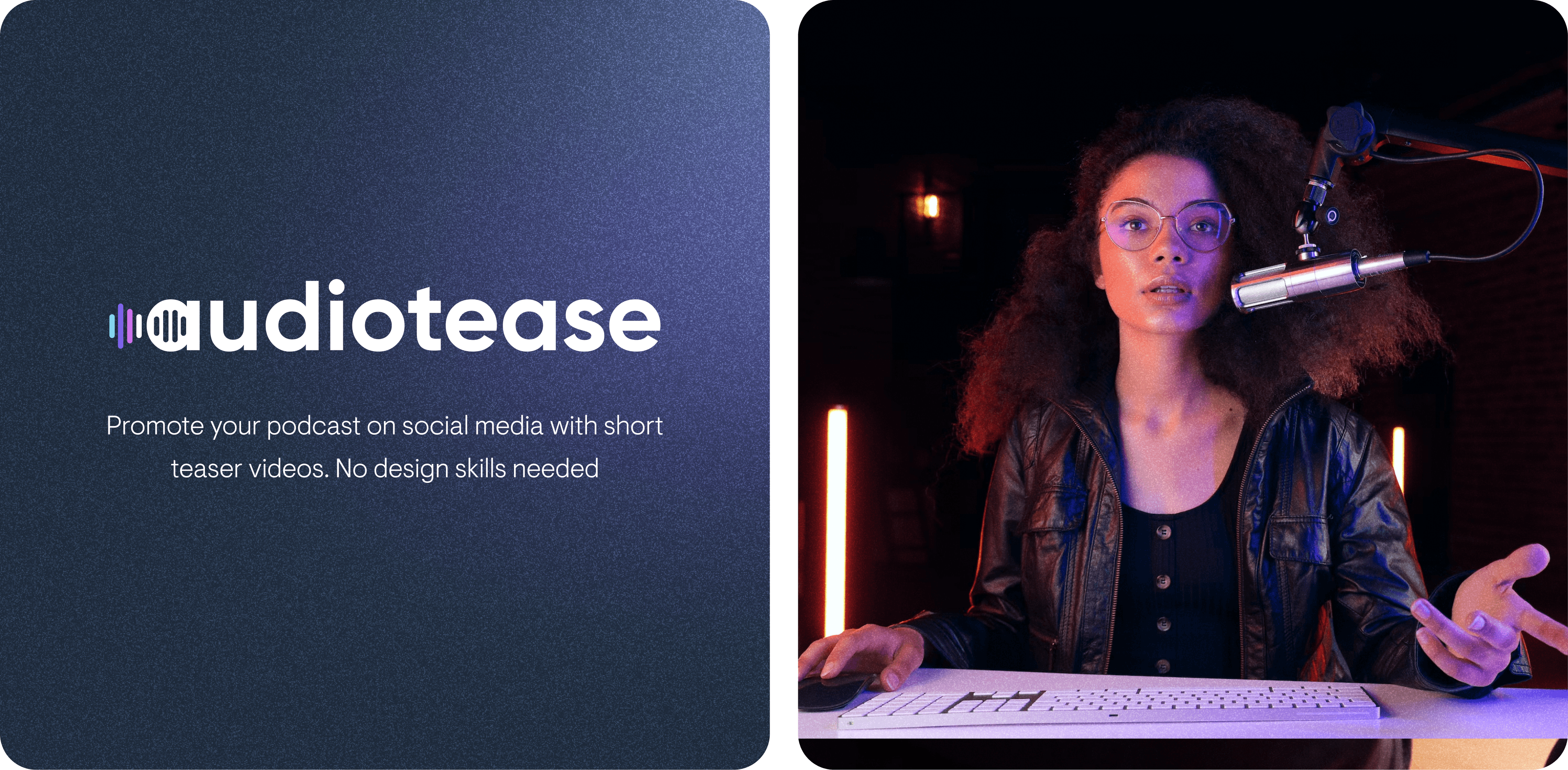 Graphic featuring the logo and tagline for 'audiotease'. The logo is centered on a textured dark background, with the word 'audiotease' in bold white text. The letter 'a' is stylized with sound wave icons in shades of purple and teal. Below the logo, the tagline reads: 'Promote your podcast on social media with short teaser videos. No design skills needed.' The overall design is sleek and modern, emphasizing ease of use and accessibility.