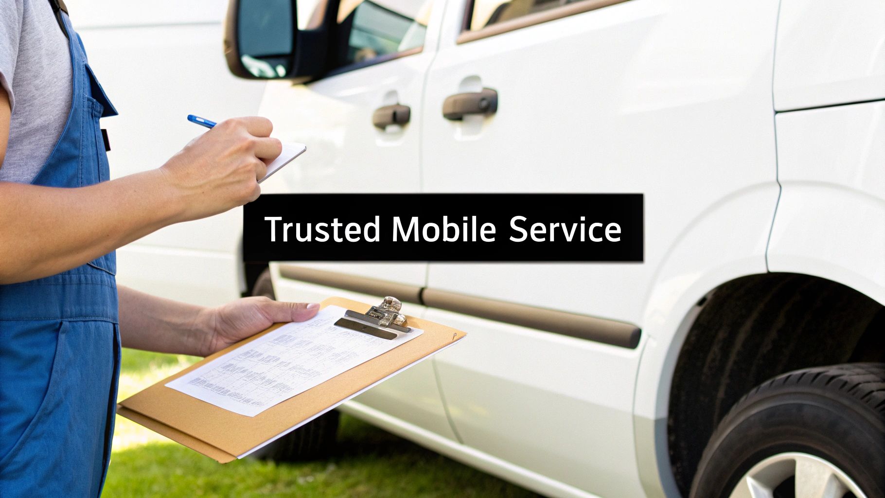 A person in blue overalls holds a clipboard, writing notes next to a white service van.