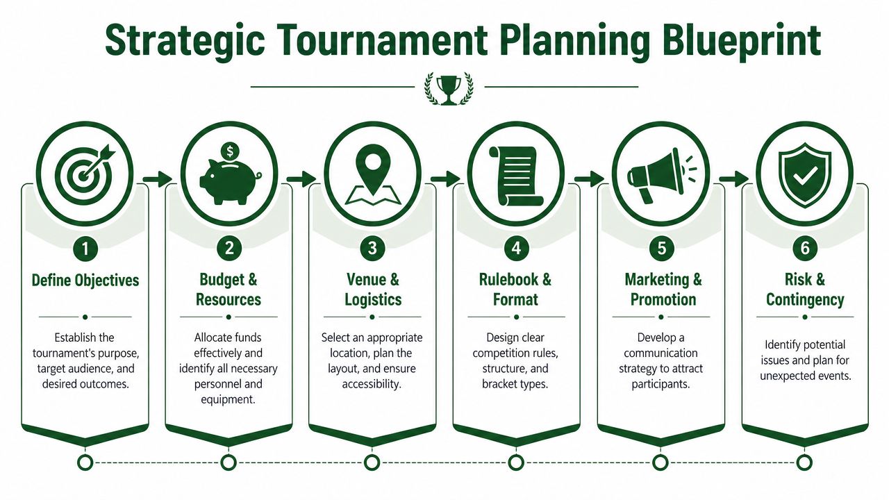 A six-step infographic outlining a strategic tournament planning blueprint from defining objectives to managing potential risks.