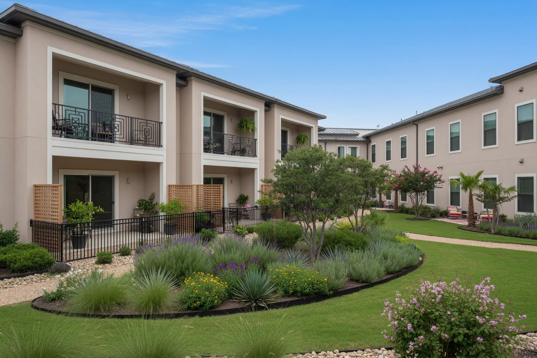 Apartment complex exterior with landscaped gardens and balconies