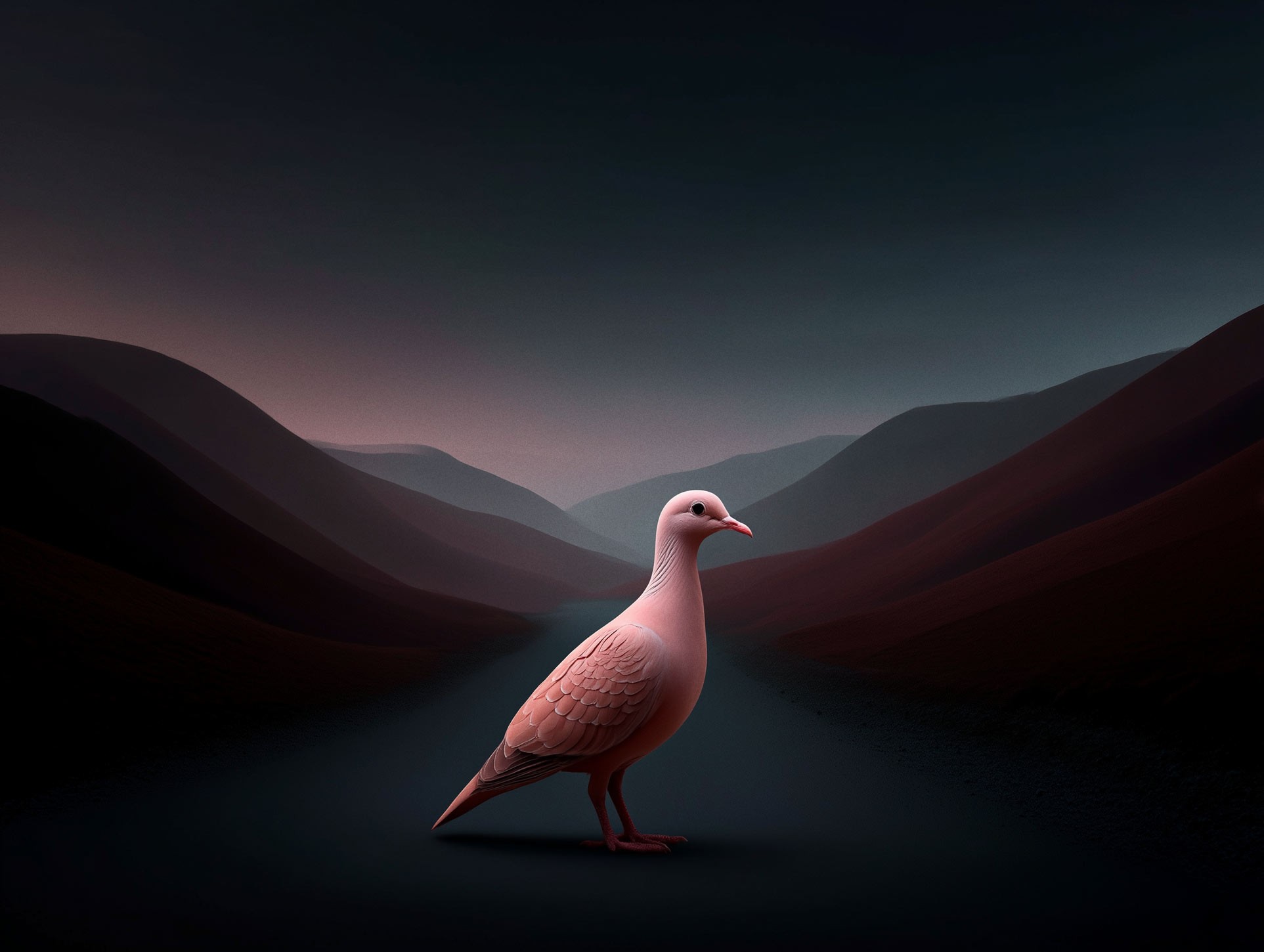 Bird diving downward against a dusky mountain backdrop