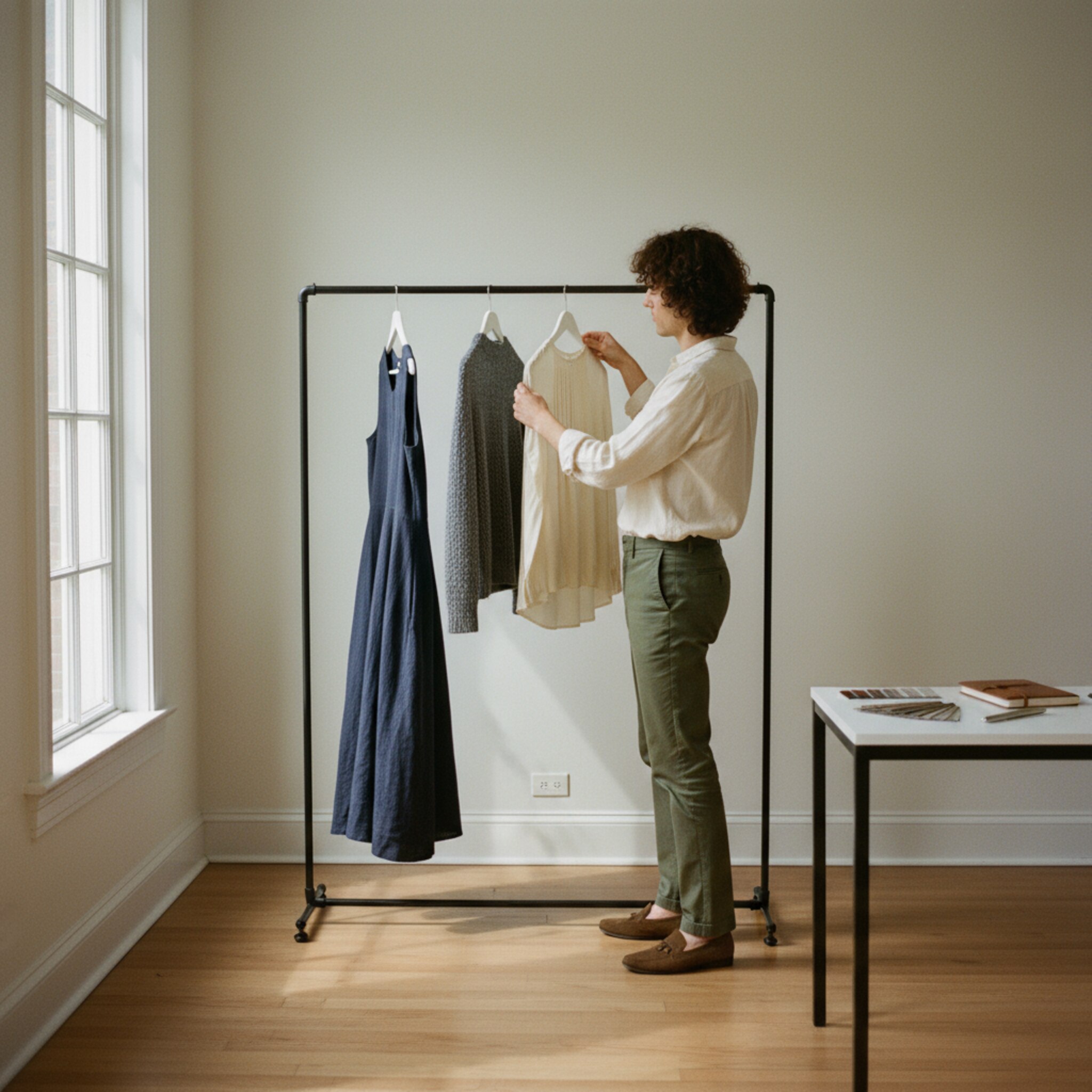 Ein Berater sortiert eine kleine Auswahl an Kollektionsteilen auf einem freistehenden Rack, jedes Stück mit ausreichend Raum. Ein ruhiger Tisch mit Musterkarten steht bereit. Weiches, gerichtetes Licht betont Texturen. Der Moment vermittelt sorgfältige Vorbereitung auf einen präzisen Termin.