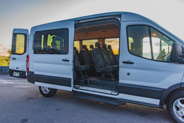 White Ford Transit XLT 15 Passenger Van Hawaii Big Island Sunset For Rent