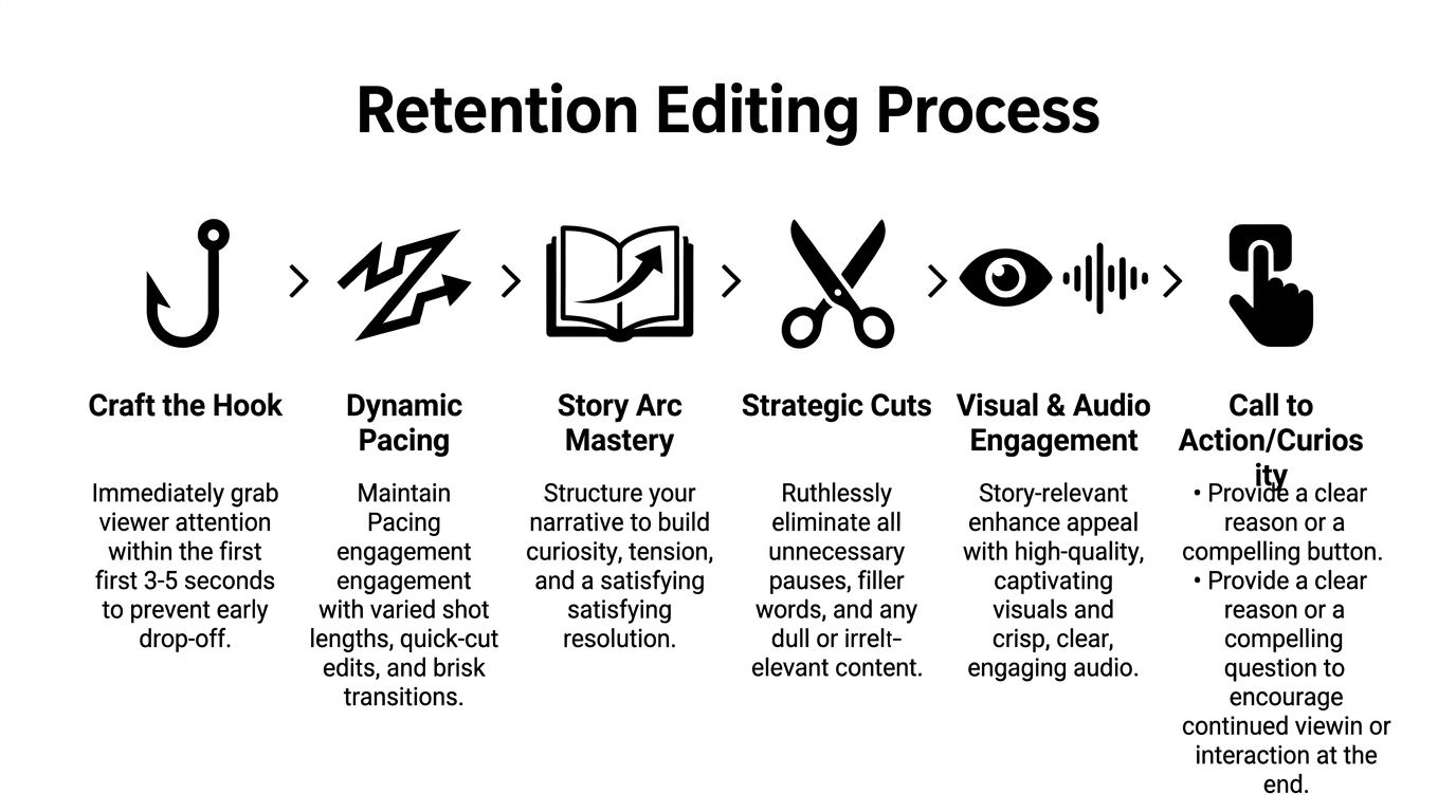 A diagram outlining the six-step retention editing process for creating engaging and viral video content.