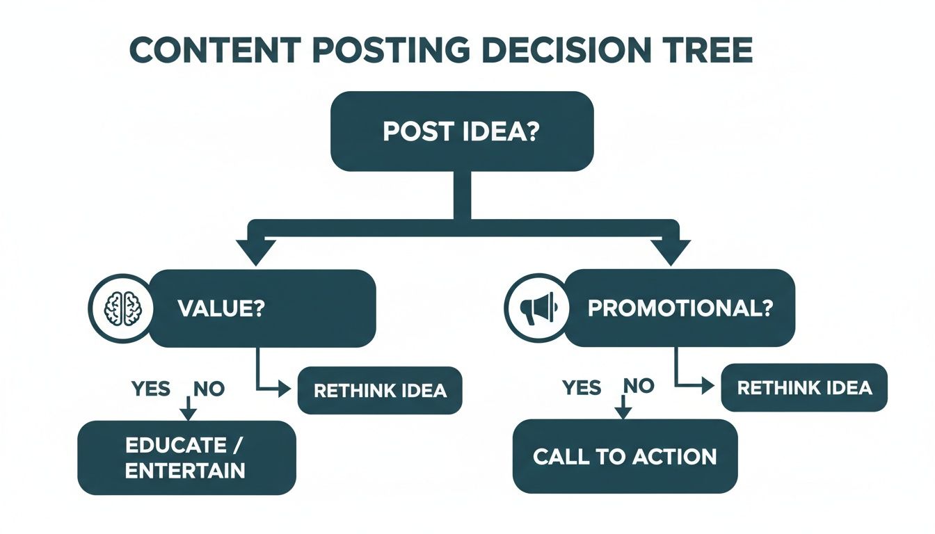 Content posting decision tree for social media: value or promotional content strategy.