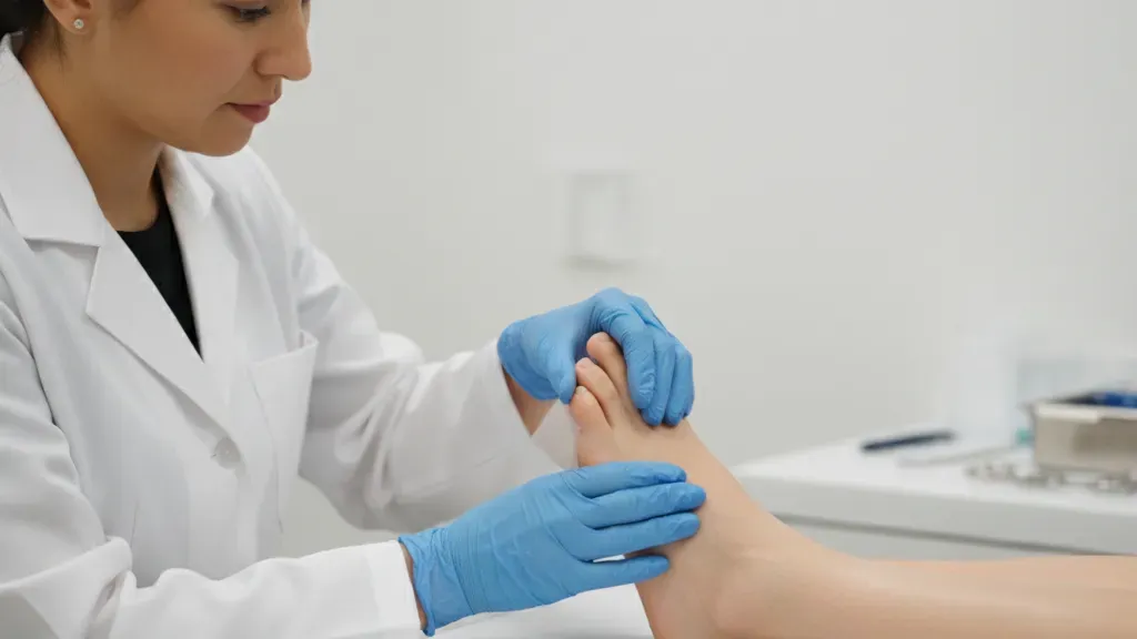 Podiatrist examining a patient's toes during a clinical evaluation