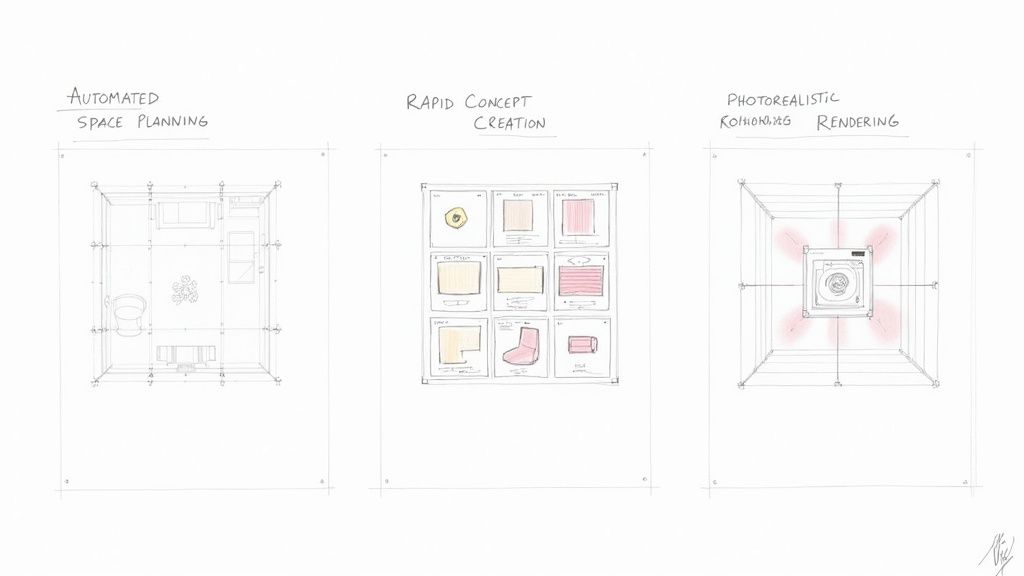 Three sketches demonstrating AI applications in interior design: automated space planning, rapid concept creation, and photorealistic rendering.