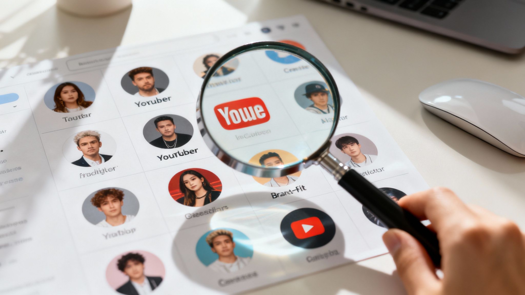 A group of diverse YouTube creators collaborating and engaging with products.