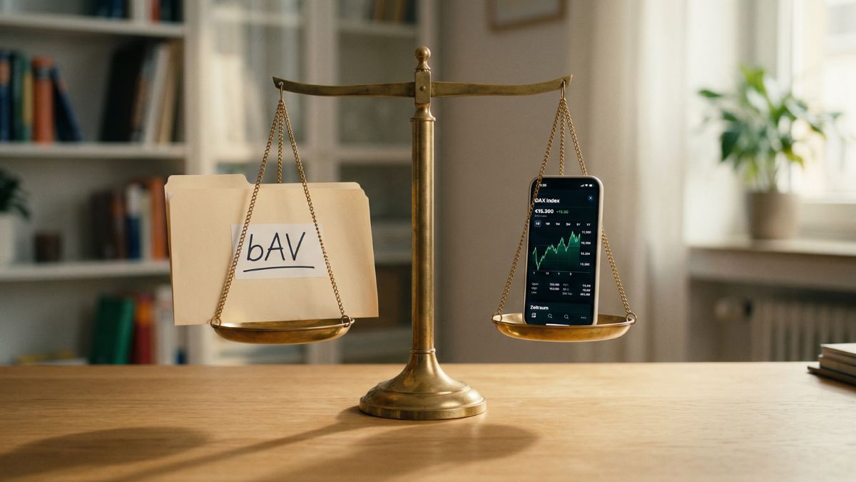 Waage mit bAV-Ordner auf einer Seite und ETF-Smartphone-App auf der anderen	