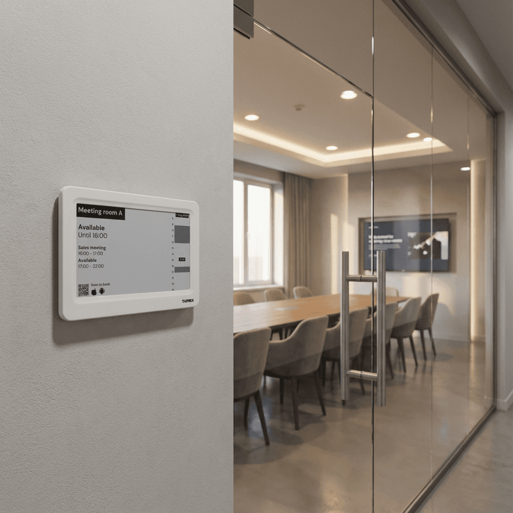 Tapirx Raumdisplay am Meetingraum zeigt Verfügbarkeit im anny Buchungssystem als frei